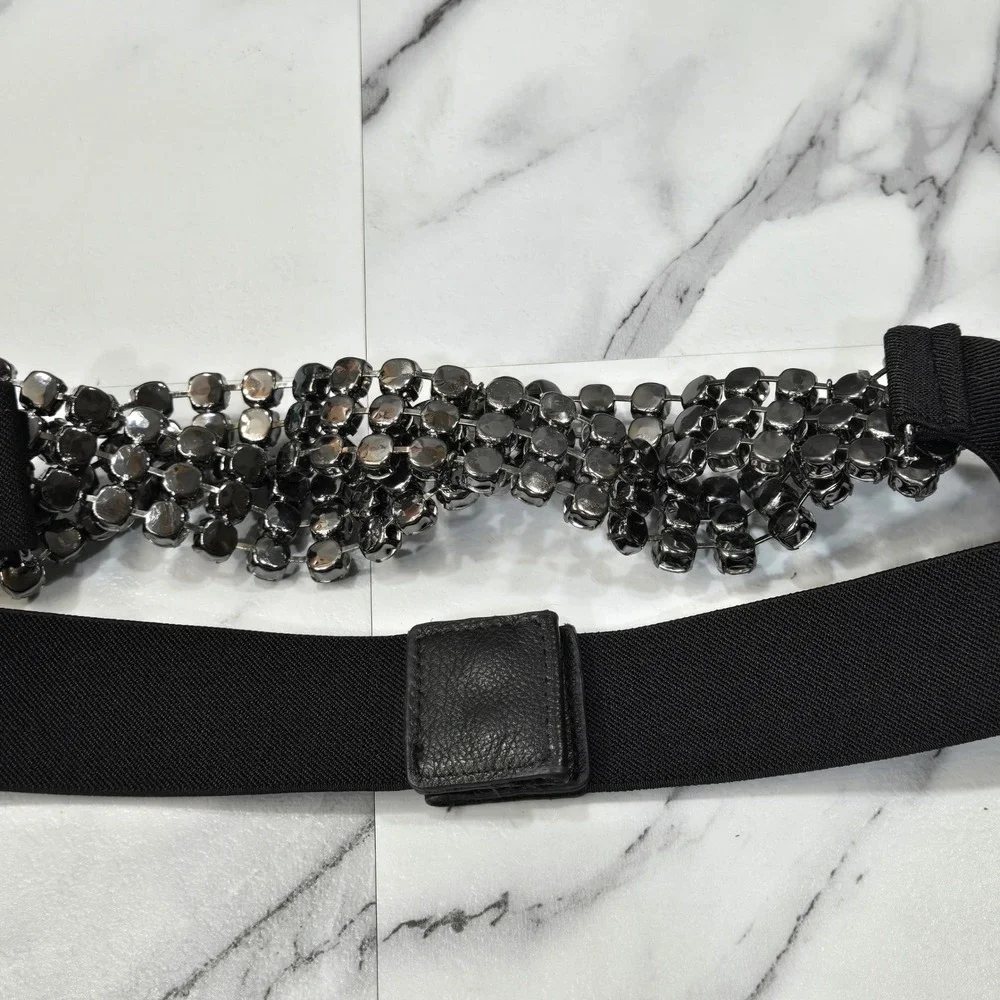 BCBGMAXAZRIA Waist Belt Medium Black Rhinestone Crystal Mesh Elastic Stretch